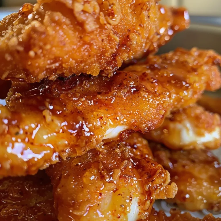 Close-up view of golden-brown Hot Honey Chicken Tenders arranged on a plate.