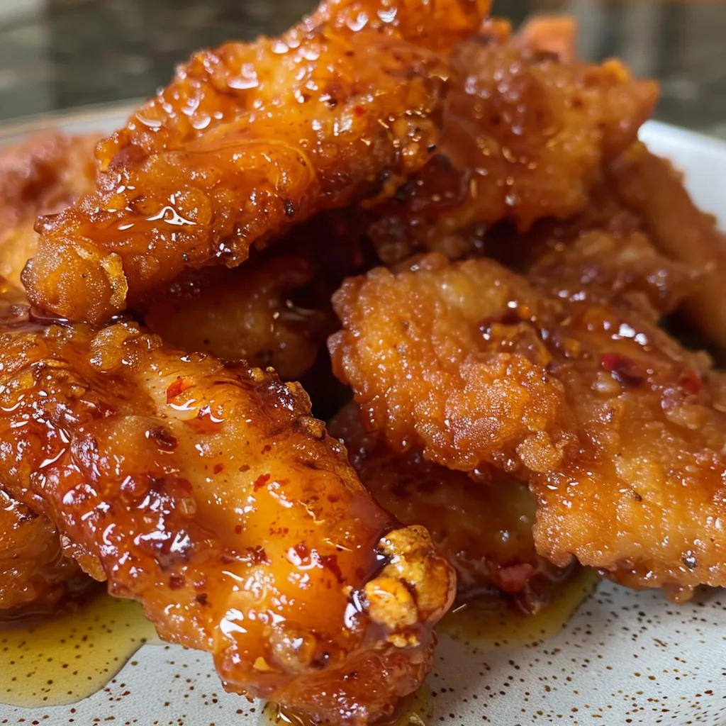 Juicy chicken tenders glistening with hot honey glaze, garnished with herbs.