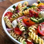 A vibrant Italian Pasta Salad featuring rotini pasta, cherry tomatoes, cucumber, and mozzarella.