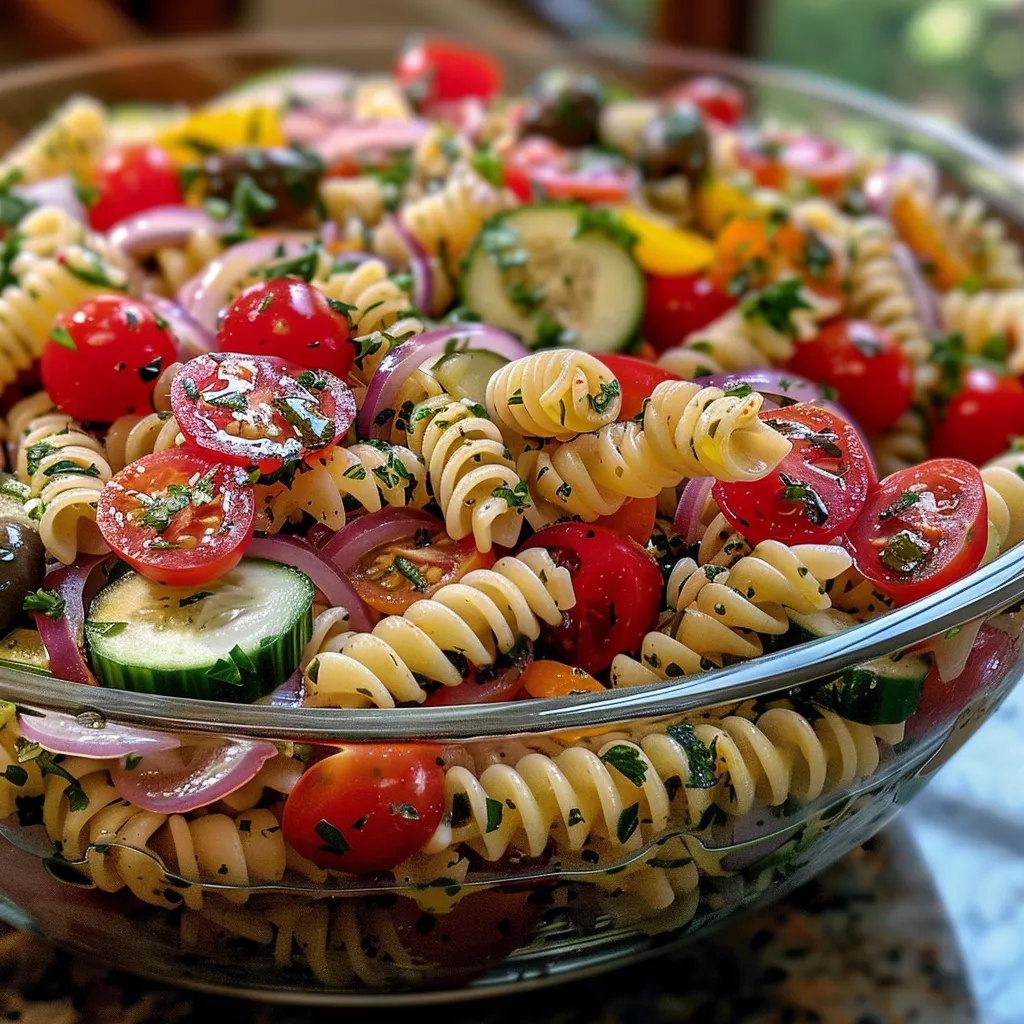 Close-up view of a colorful Italian Pasta Salad with sliced olives and salami.