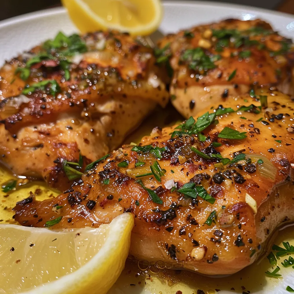 A close-up view of golden-browned chicken breasts soaked in lemon butter sauce.