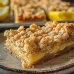 Close-up of freshly baked lemon crumb bars with a golden crust.