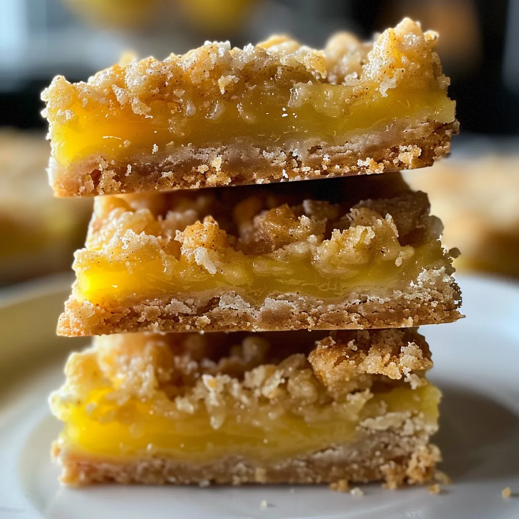 Side view of a delicious lemon crumb bar, showing the crumbly texture.