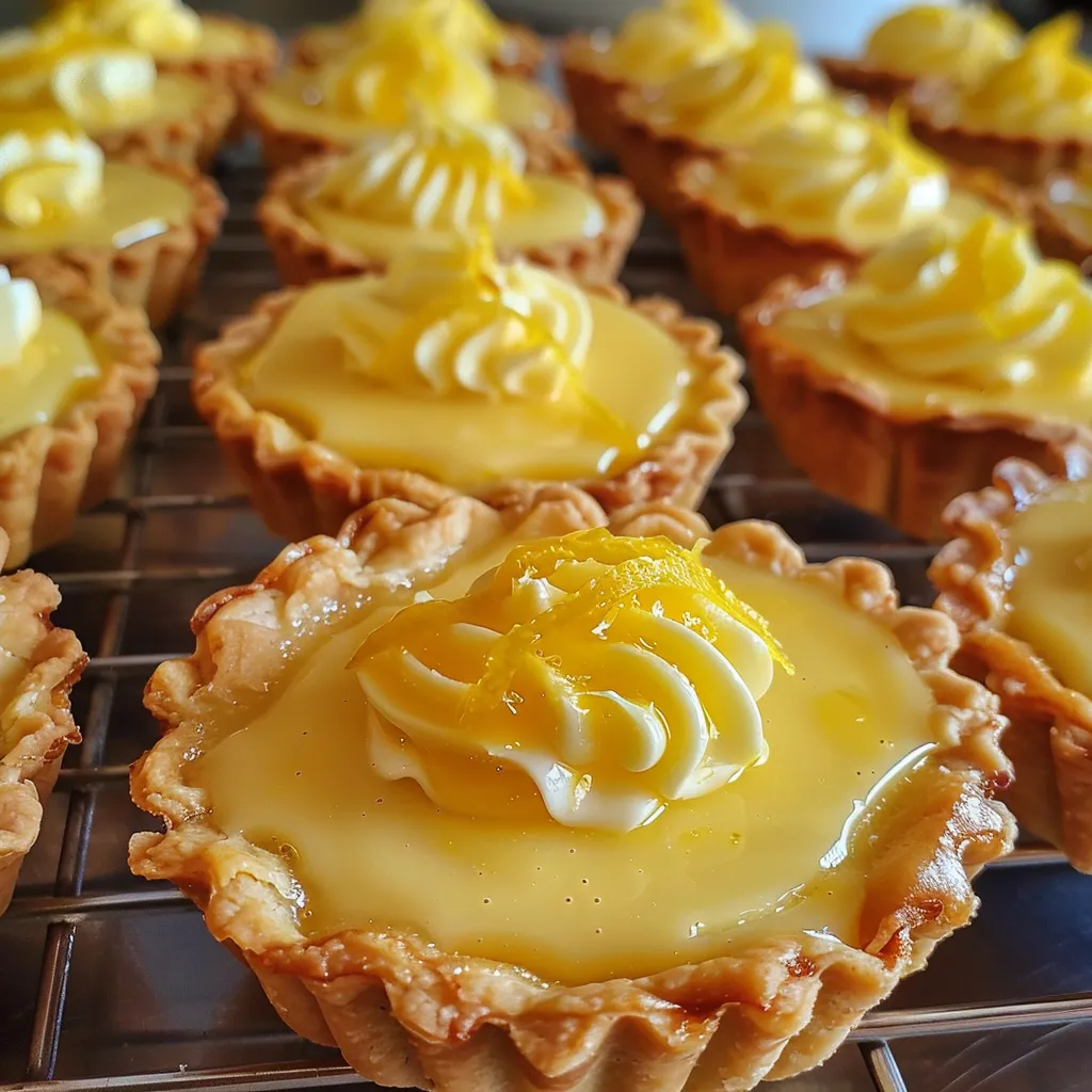 Side angle of a lemon curd tartlet, highlighting the smooth yellow curd and golden crust.