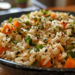 A close-up side view of a bowl filled with Lemon Herb Veggie Rice, showcasing the vibrant colors of vegetables and herbs.