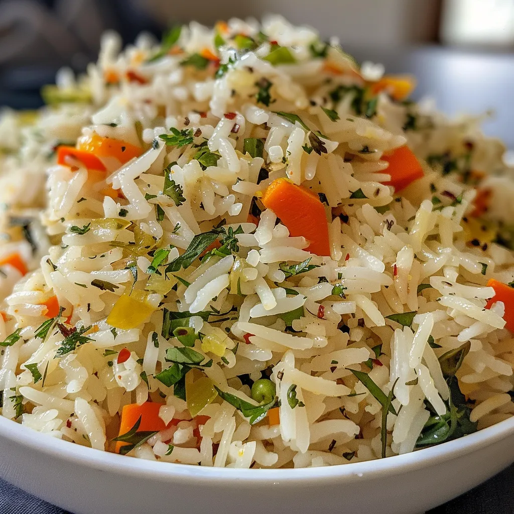 A detailed view of a plate of Lemon Herb Veggie Rice, highlighting the juicy rice mixed with fresh herbs and vegetables.