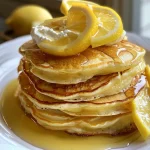Close-up view of fluffy lemon ricotta pancakes stacked with syrup.