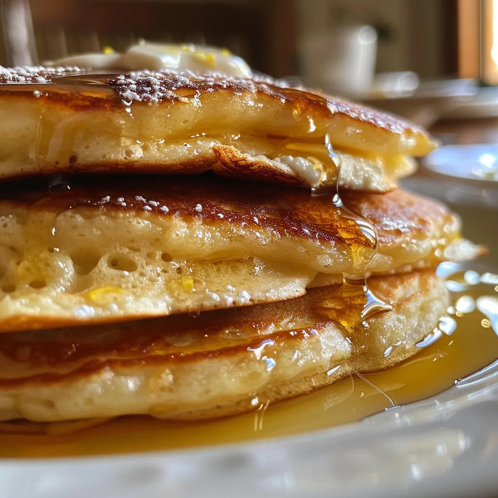 Side view of golden lemon ricotta pancakes topped with fresh fruit and syrup.