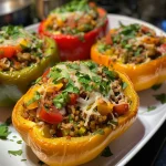 Close-up of colorful lentil stuffed peppers, showcasing vibrant green, red, and yellow bell peppers filled with a hearty mixture.