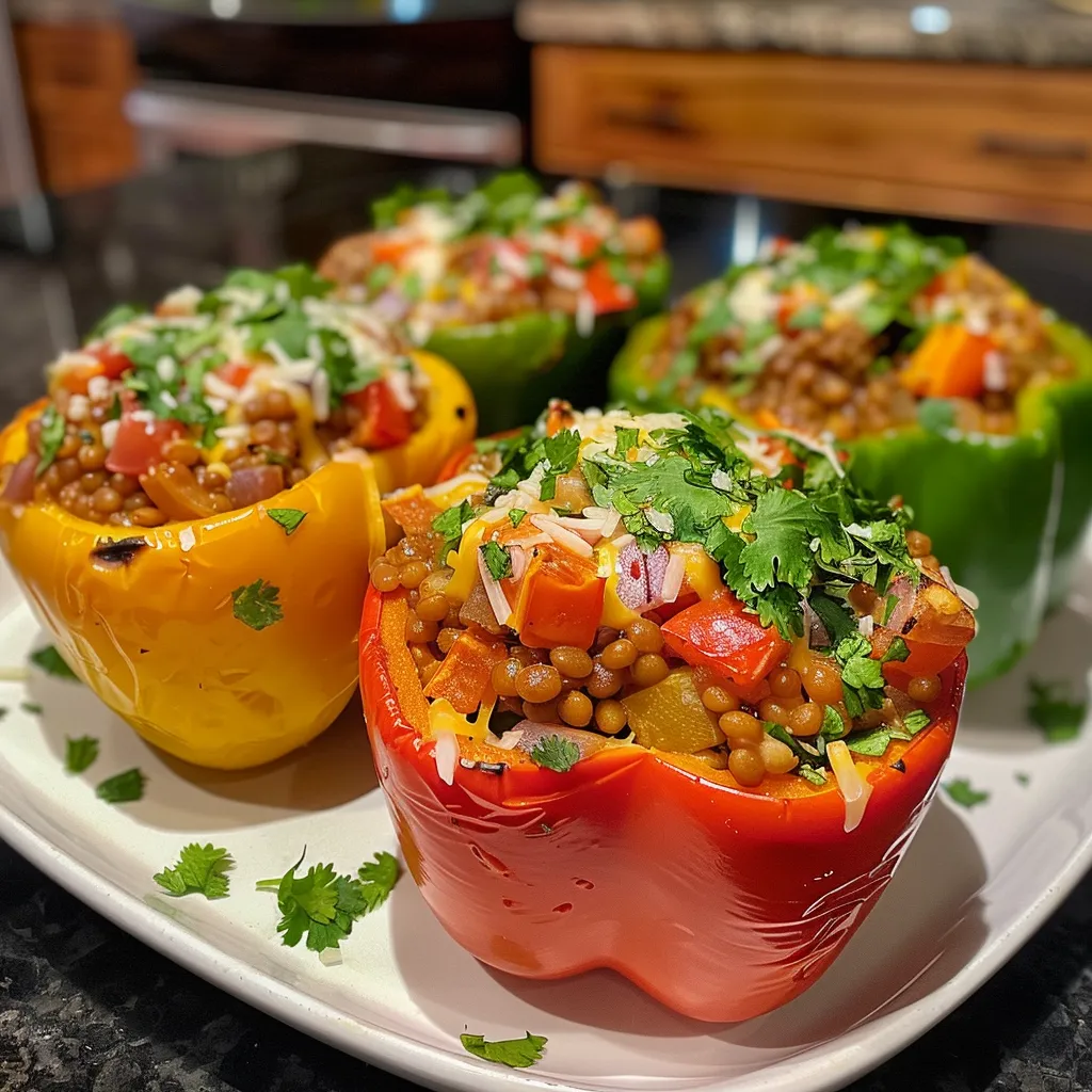 Side view of juicy lentil stuffed peppers, highlighting their colorful exterior and rich filling of lentils and vegetables.