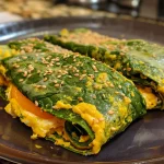Close-up of a juicy low-carb spinach wrap filled with fresh ingredients, placed on a textured surface.