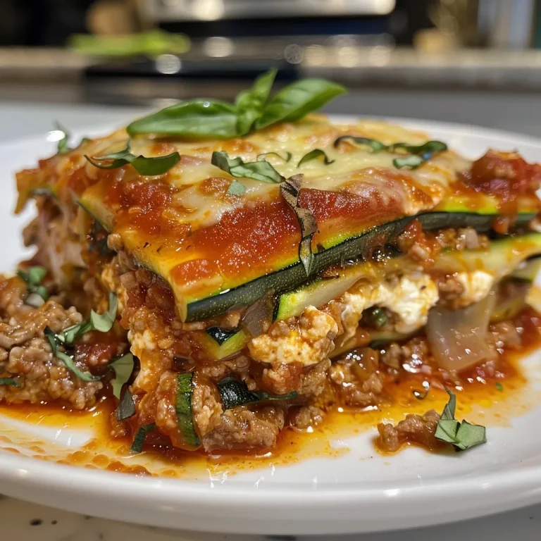 Close-up side view of a creamy zucchini lasagna with melted cheese and fresh basil on top.