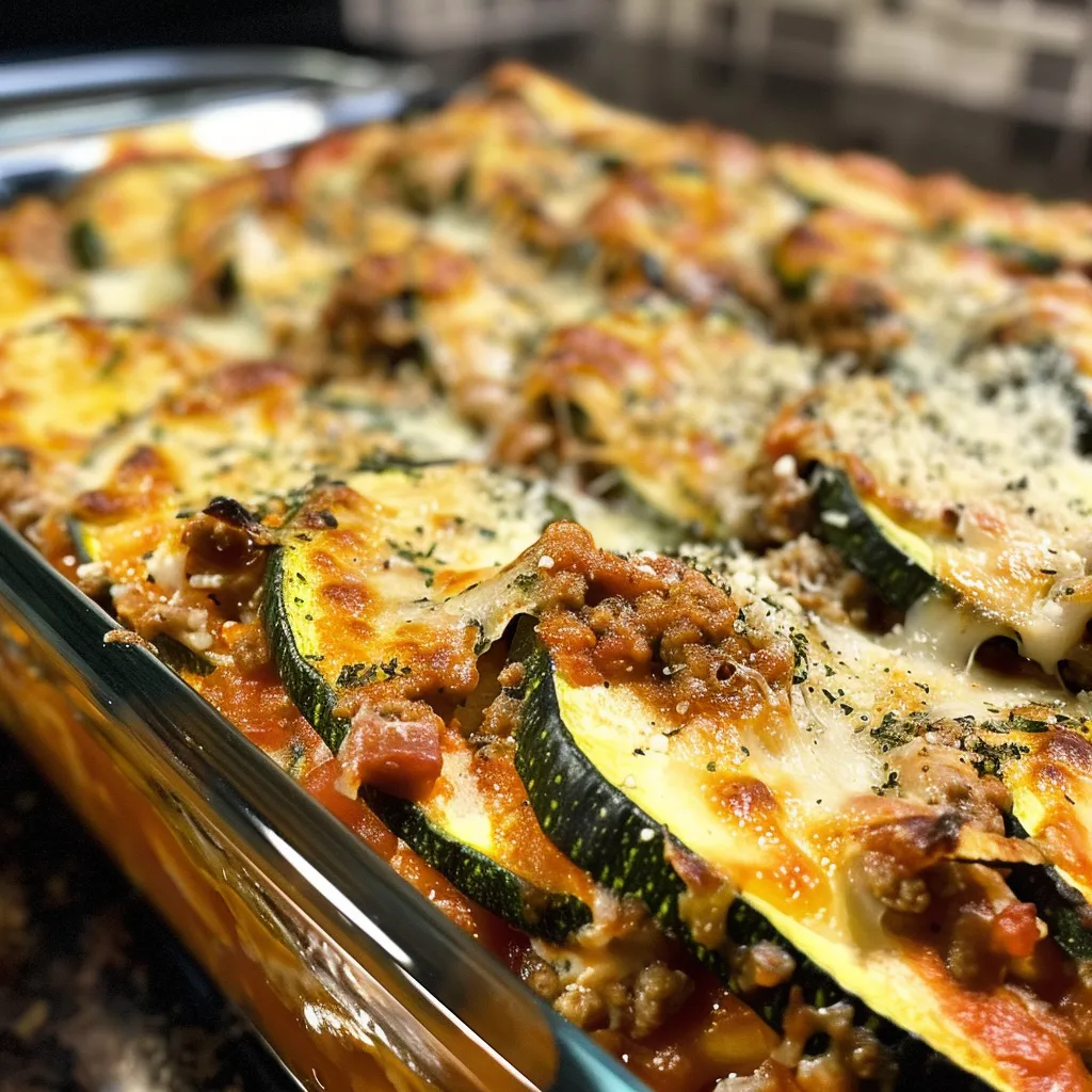Juicy layers of zucchini, ground meat, and cheese in a close-up view of a lasagna dish.