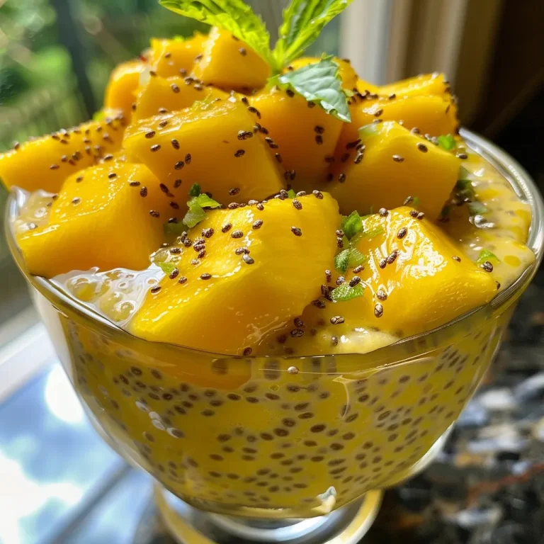 Close-up view of a creamy mango chia pudding topped with diced mango.