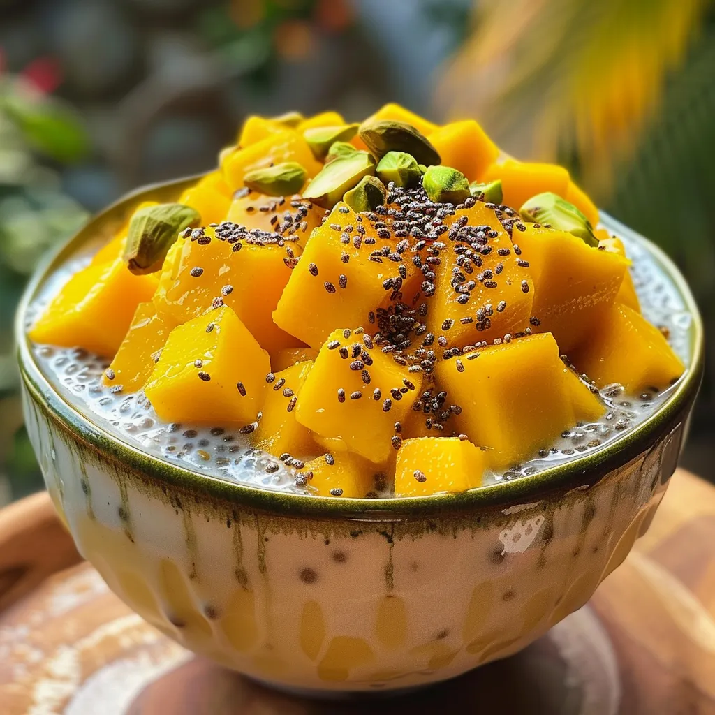 A mouth-watering mango chia pudding showcasing layers of mango puree and chia seeds, garnished with nuts.