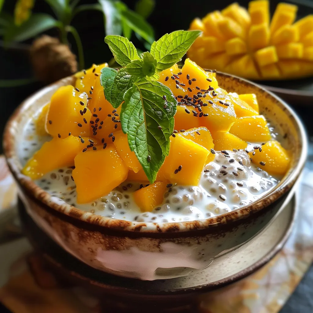 Close-up of a cup filled with mango coconut chia pudding, garnished with fresh mango cubes on top.