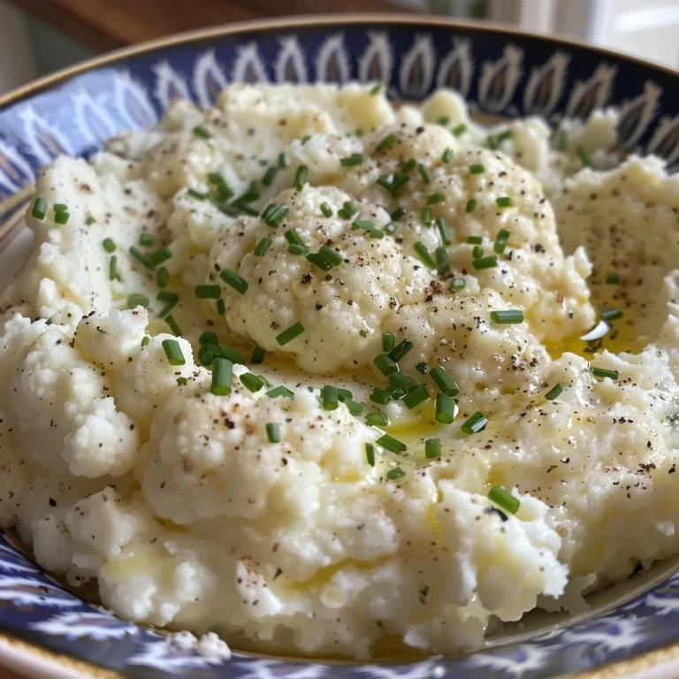 Creamy mashed cauliflower in a bowl with chopped chives on top.