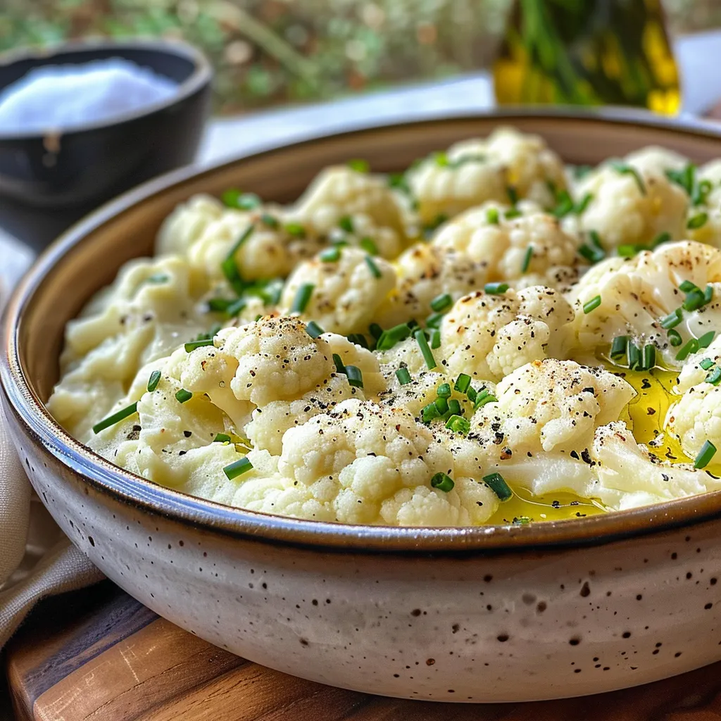 Close-up view of mashed cauliflower, showcasing a smooth texture and garlic specks.