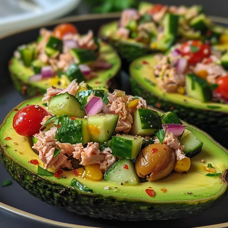 Savor the Simplicity: Wholesome Mediterranean Tuna Stuffed Avocados Close-up of a halved avocado filled with Mediterranean tuna salad.