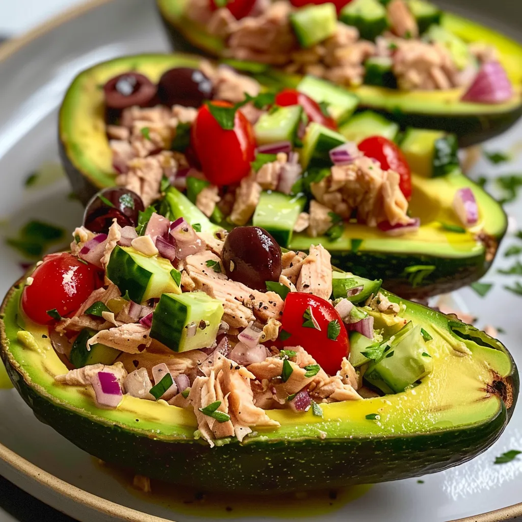 Side view of ripe avocados stuffed with a colorful tuna mixture.