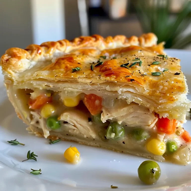 A close-up side view of a mini chicken pot pie, showcasing its golden crust and filling.