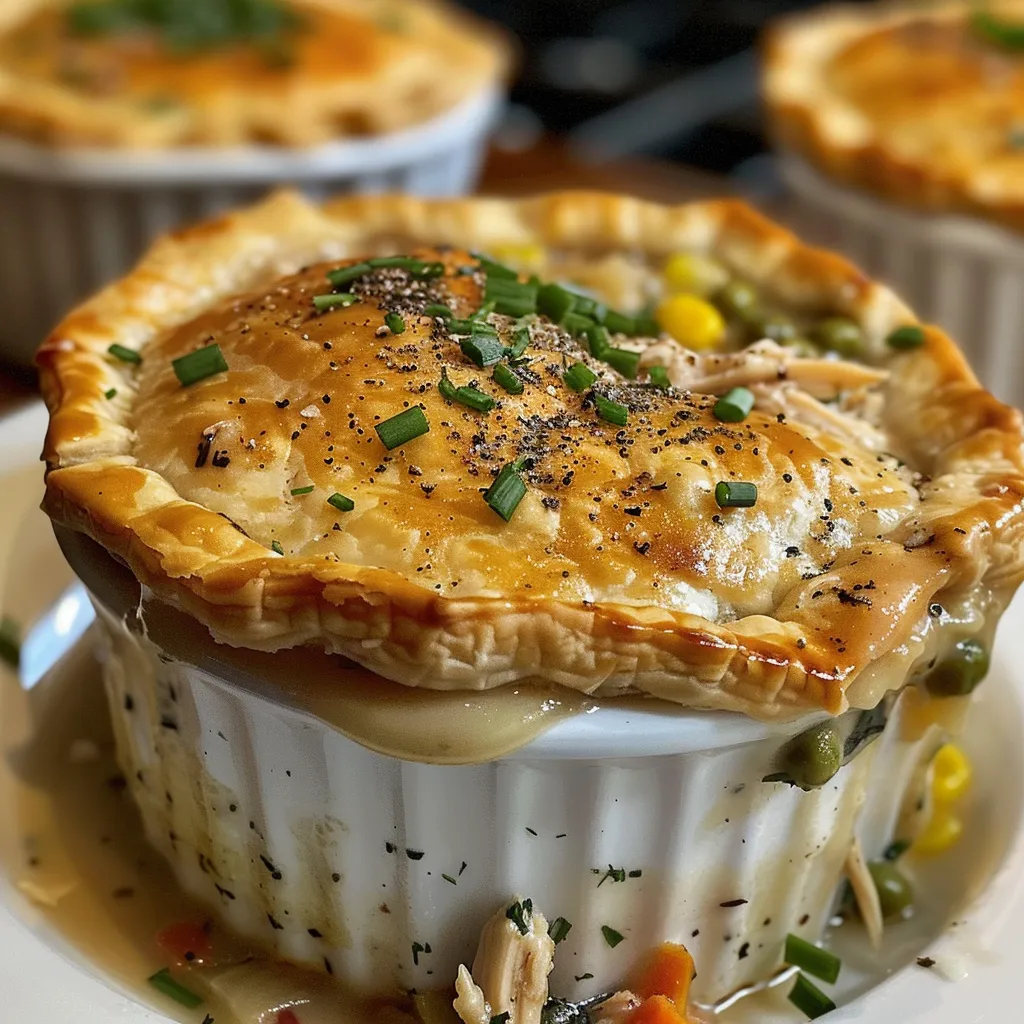 Juicy mini chicken pot pie presented with a flaky crust and visible chicken and vegetable filling.