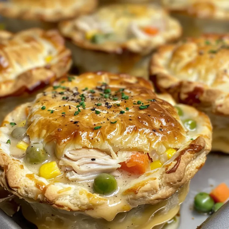 Wholesome Mini Chicken Pot Pies: Comfort Food Made Easy A close-up side view of golden-brown Mini Chicken Pot Pies filled with colorful vegetables.