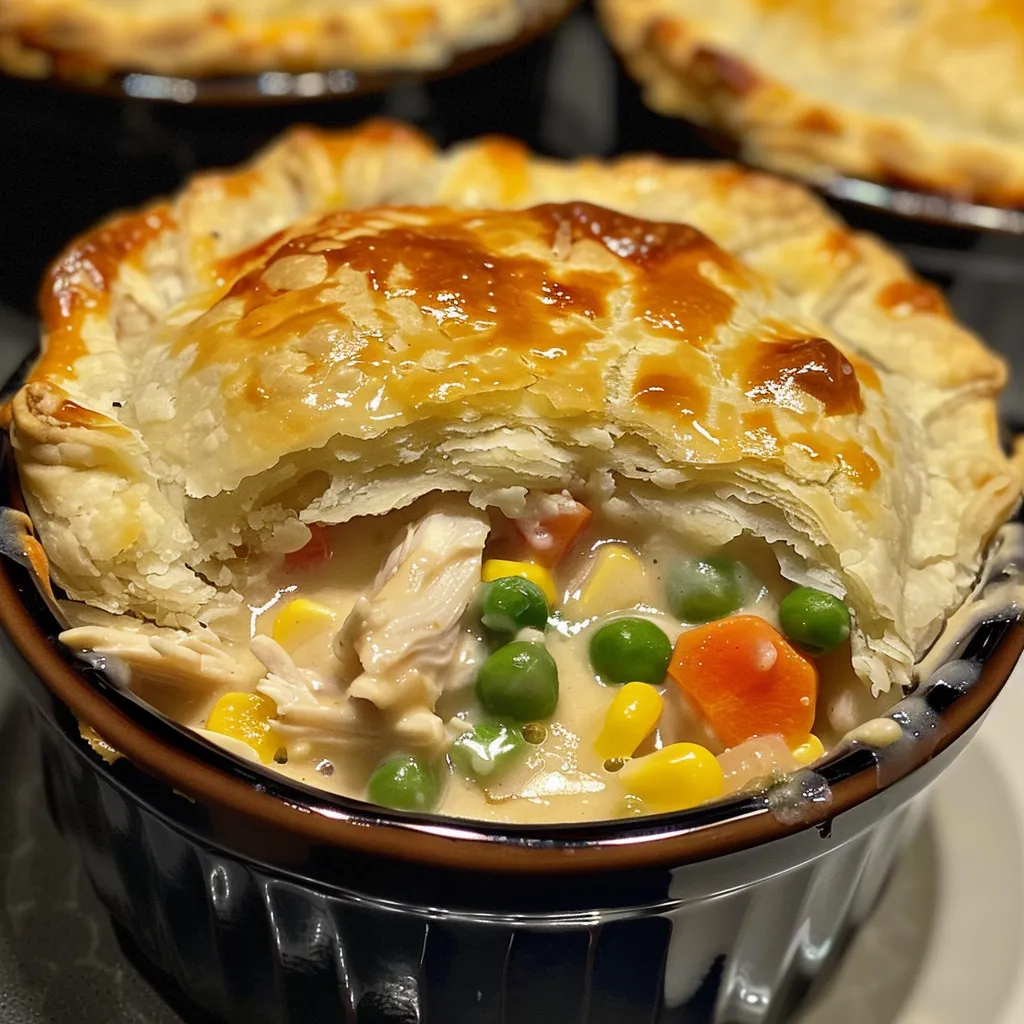 Juicy Mini Chicken Pot Pies on a wooden surface, showcasing flaky biscuit tops and creamy filling.