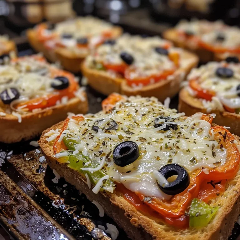 Close-up view of mini garlic toast pizzas topped with tomato sauce, cheese, bell pepper, and black olives.