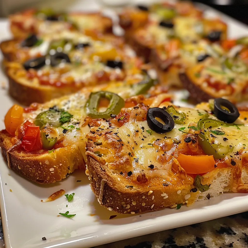 Side view of crispy mini garlic toast pizzas with melted cheese and colorful vegetable toppings.