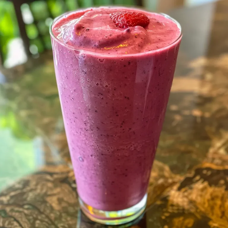 Blend Up Bliss: Your Go-To Mixed Berry Banana Smoothie Recipe Close-up side view of a vibrant mixed berry banana smoothie in a glass, garnished with fresh berries.