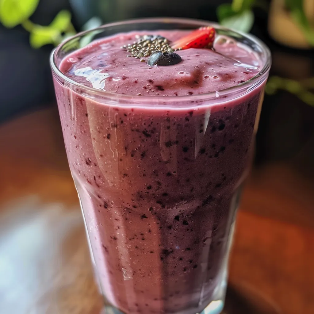 Tasty mixed berry banana smoothie with strawberries and blueberries, served in a clear glass.