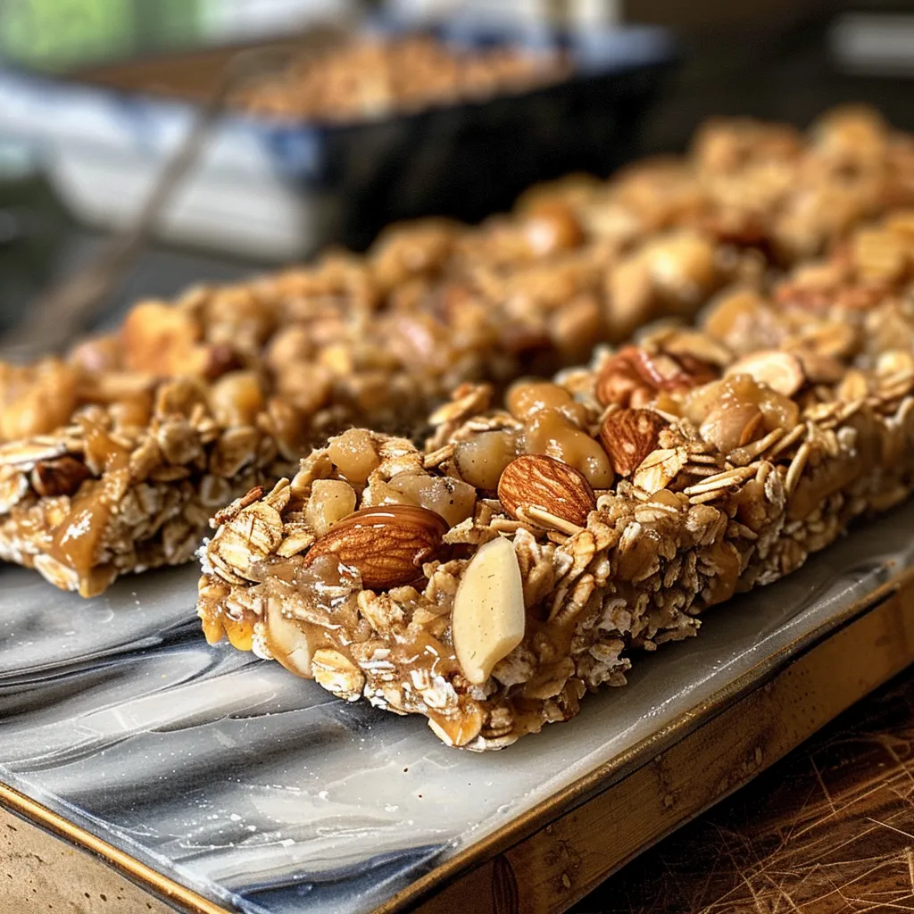 Delicious No Bake Granola Bars with visible layers of oats, nuts, and chocolate chips.