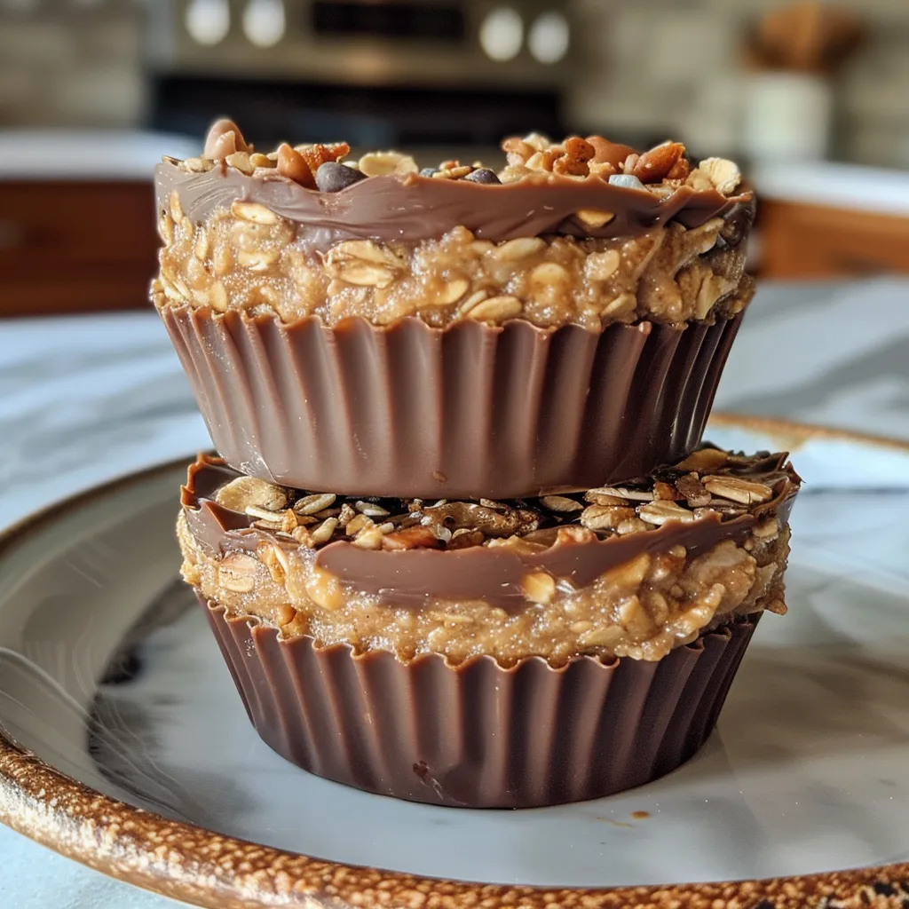 Side view of Peanut Butter Oat Cups showcasing their rich filling.