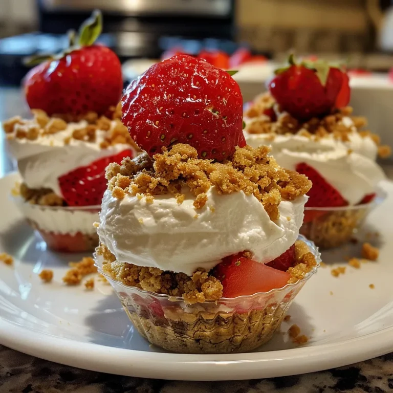 Close-up view of layered No-Bake Strawberry Crunch Cheesecake Cups with a creamy filling and crushed cookie topping.