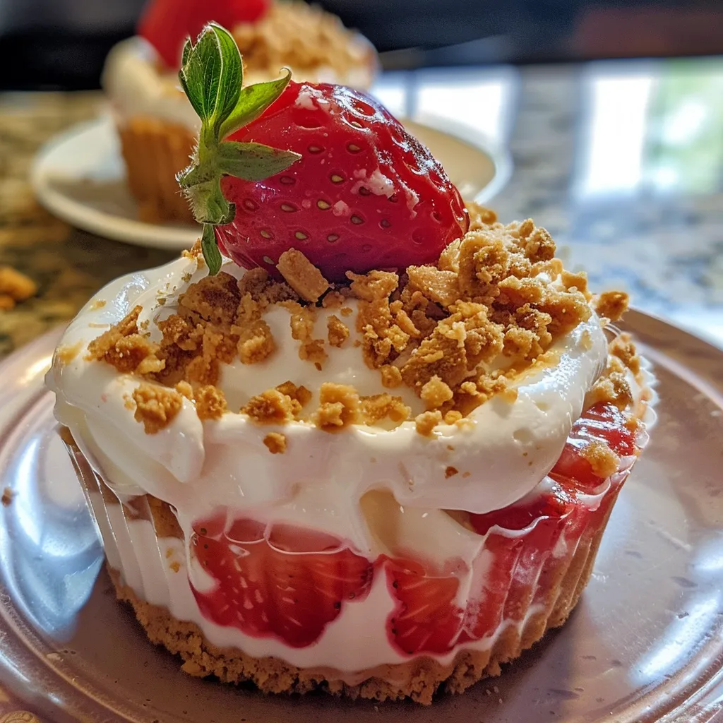 Side view of No-Bake Strawberry Crunch Cheesecake Cups showing the distinct layers of cream and strawberries.