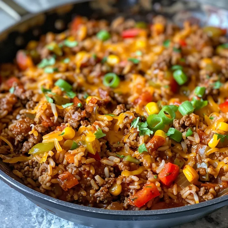 Close view of a One-Pot Taco Beef and Rice Skillet with colorful ingredients.