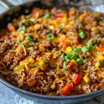 Close-up view of a One Pot Taco Beef and Rice Skillet, showcasing vibrant colors and textures.