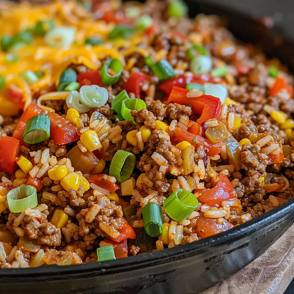 Juicy beef and vegetables in a skillet, topped with melted cheese.