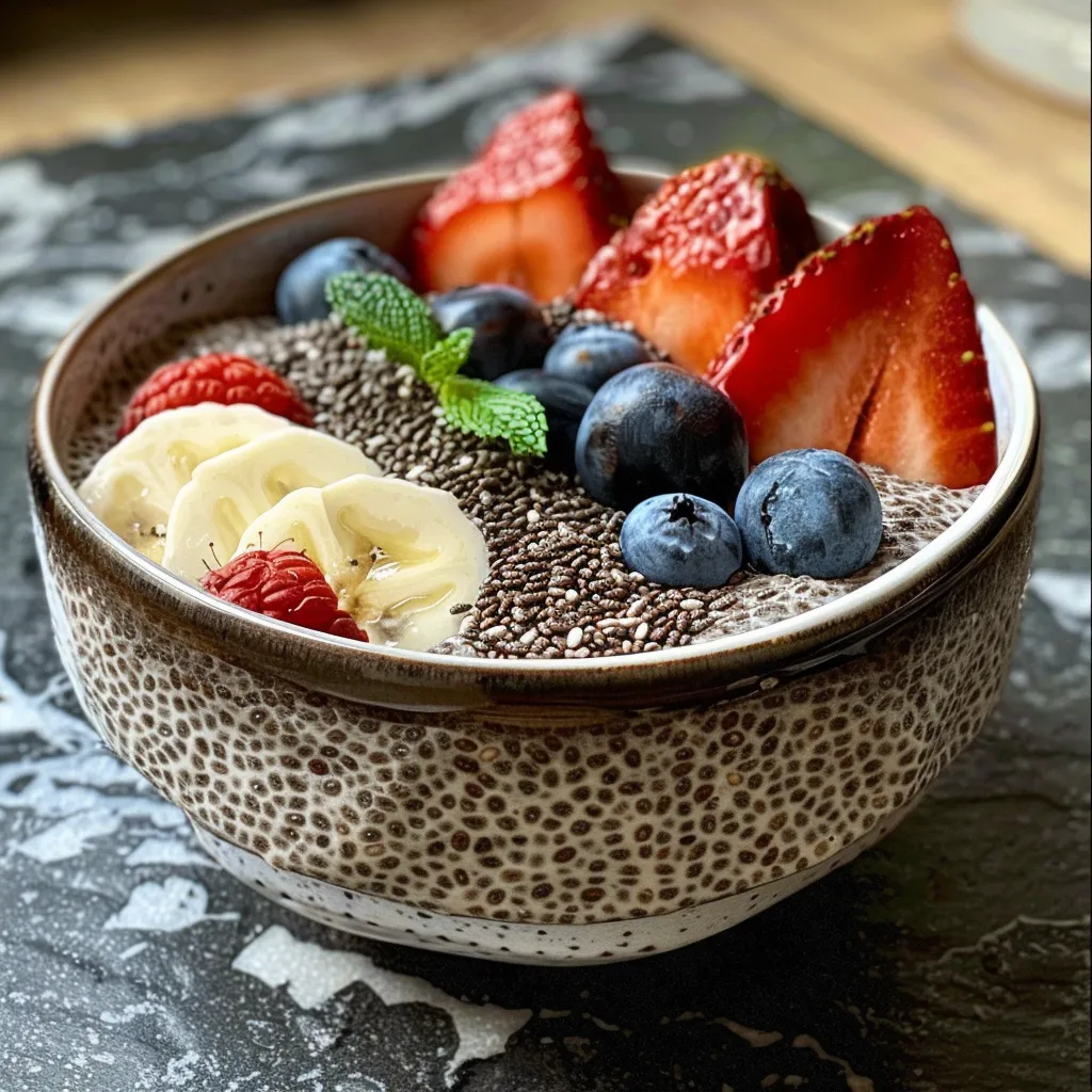 Side profile of a vibrant chia pudding in a glass jar, showcasing its texture and layers.
