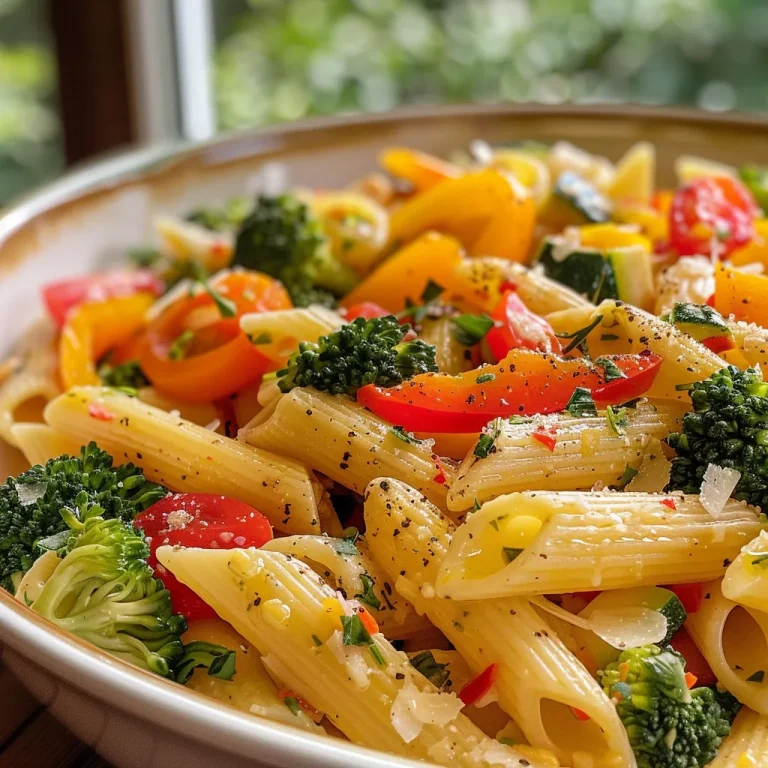 Close-up view of a vibrant Pasta Primavera with colorful vegetables.