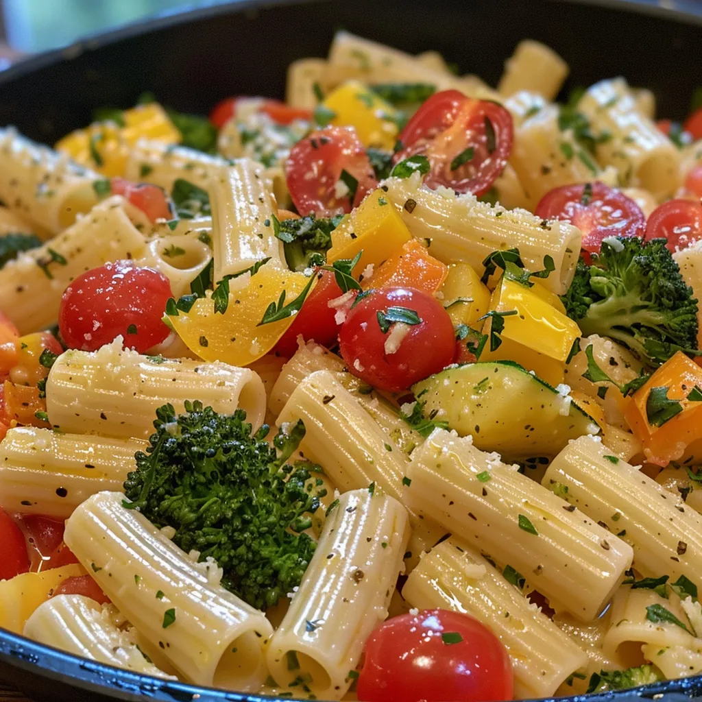 Delicious plate of Pasta Primavera featuring zucchini, bell pepper, and cherry tomatoes.