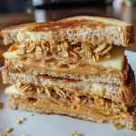 Close-up view of peanut butter apple sandwiches layered with granola.