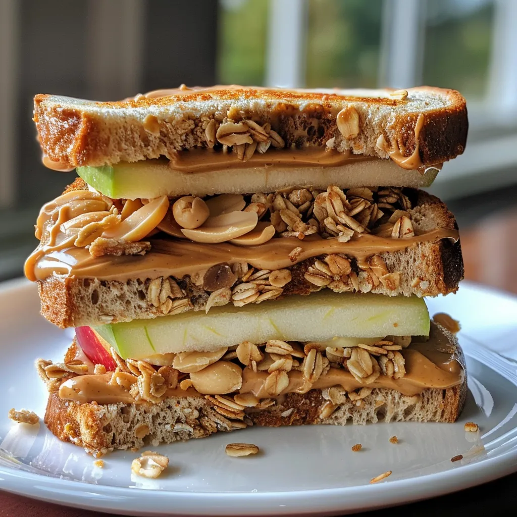 Side view of sliced apple with peanut butter and granola layers visible.