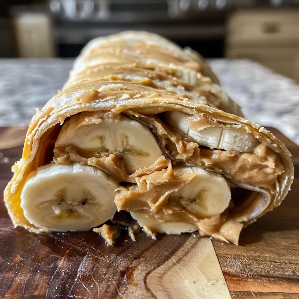 Side profile of a delicious peanut butter banana fruit roll, highlighting the texture and ingredients.