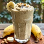 Close-up of a creamy peanut butter banana smoothie in a glass.