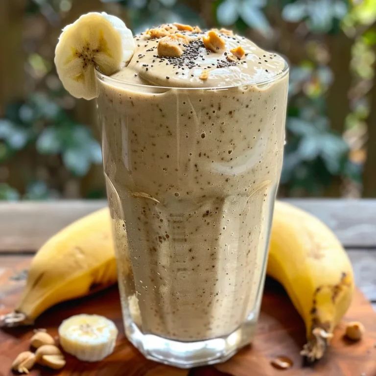 Close-up of a creamy peanut butter banana smoothie in a glass.