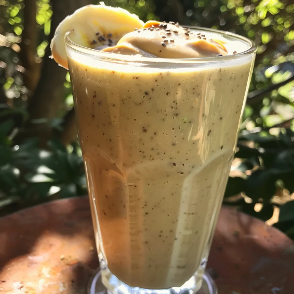 Side view of a peanut butter banana smoothie with a banana garnish.