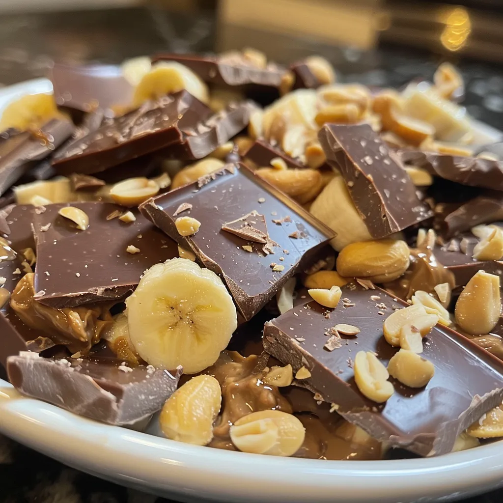 Side view of a cluster made with bananas, yogurt, and chocolate, showcasing a mix of textures.