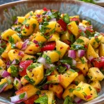 Close-up of vibrant pineapple mango salsa in a bowl.